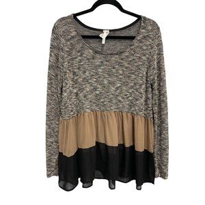 Bellamie Tiered Top Size XL Tan Black Chiffon Hem Scoop Neck Blouse Colorblock